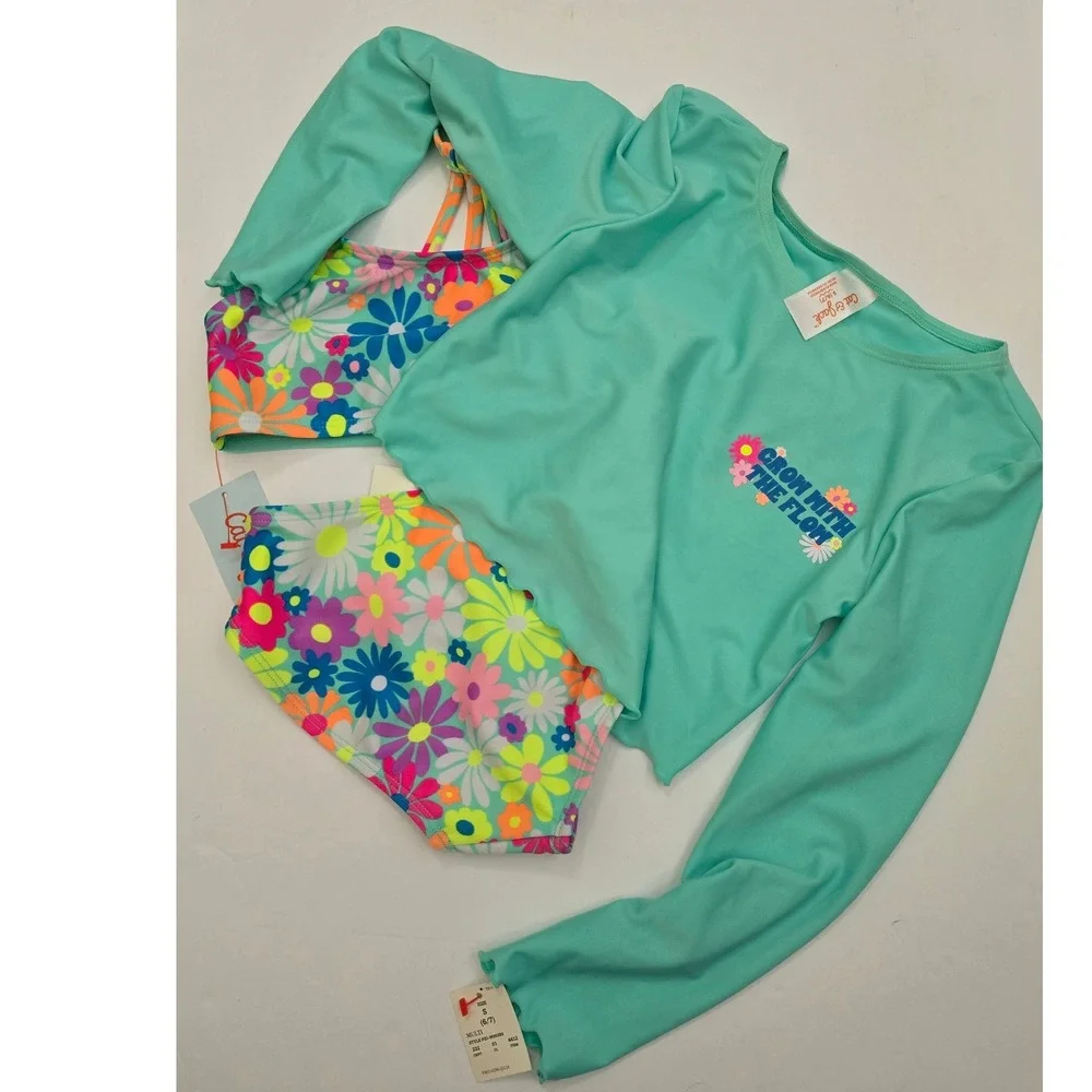 Cat & Jack Girl 3pc Rash Guard Bikini Set Floral Grow W/ The Flow Aqua S 6/7 NWT